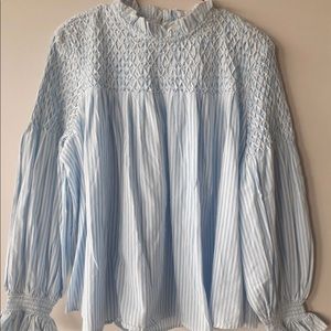 $120 ANTHROPOLOGIE Maeve stripe ruched blue white stripe top